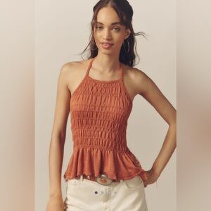 NWT By Anthropologie $88 Smocked Lace-Trim Halter Tank Top Size Small